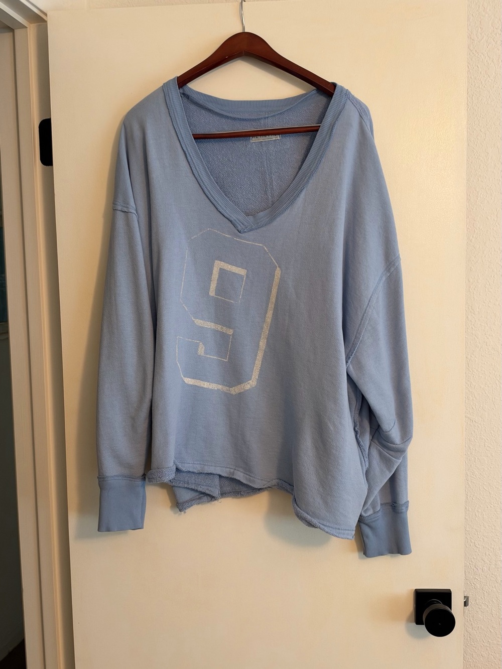 We The Free Pale Blue V-Neck Sweater with Number Graphic